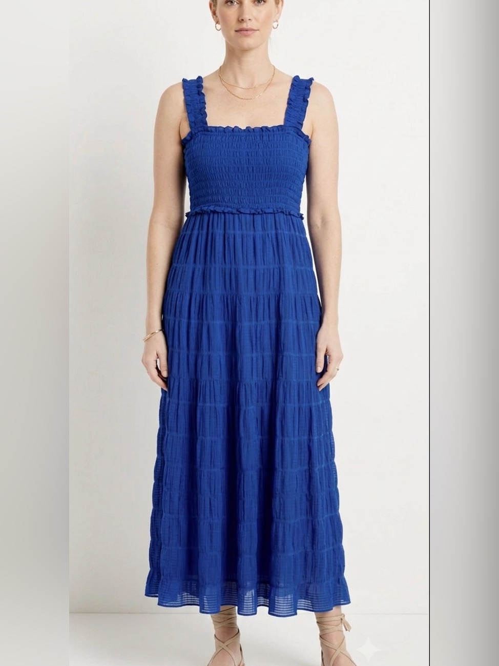 Max Studio Royal Blue Smocked Maxi Dress With Ruffle Straps Cotton Stretchy